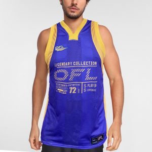 Regata Azul Basketball OFL Legendary Collection tem detalhes em amarelo e tecedio leve com furos projetados para respiração da sua pele.