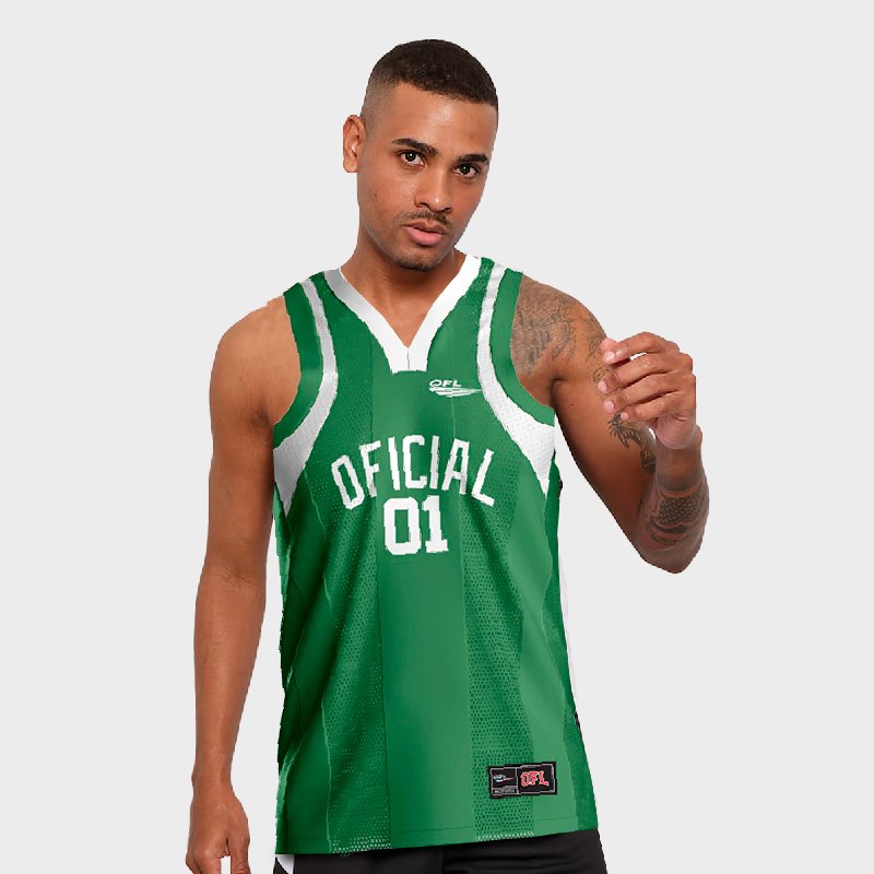 Regata OFL Basketball One Green tem detalhes em branco e tecedio leve com furos projetados para respiração da sua pele.